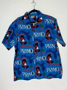 Vintage Go Barefoot Primo Beer Hawaiian Shirt XL Blue All Over Print Aloha Retro